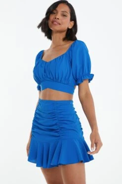 Blue Ruched Mini Skirt -Chic Summer Shop 00100038790 XM