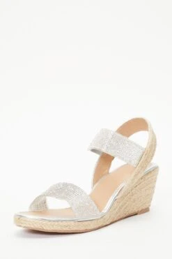 Silver Diamante Low Wedge Sandals -Chic Summer Shop 00100038793 XB
