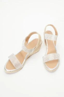 Silver Diamante Low Wedge Sandals -Chic Summer Shop 00100038793 XS