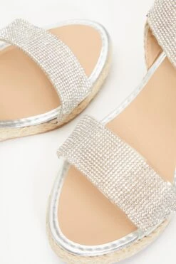 Silver Diamante Low Wedge Sandals -Chic Summer Shop 00100038793 ZB