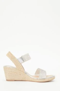 Silver Diamante Low Wedge Sandals -Chic Summer Shop 00100038793 ZS
