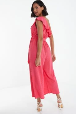 Pink Textured Frill Culotte Jumpsuit -Chic Summer Shop 00100038848 XB