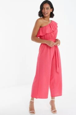 Pink Textured Frill Culotte Jumpsuit -Chic Summer Shop 00100038848 XS