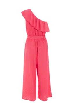 Pink Textured Frill Culotte Jumpsuit -Chic Summer Shop 00100038848 ZB