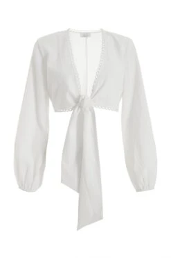 White Textured Tie Front Crop Top