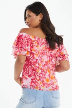 Pink Brush Stroke Print Bardot Top -Chic Summer Shop 00100038959 XB