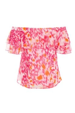 Pink Brush Stroke Print Bardot Top -Chic Summer Shop 00100038959 ZB