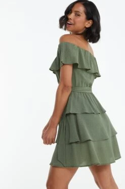 Khaki Tiered Bardot Mini Dress -Chic Summer Shop 00100038962 XB