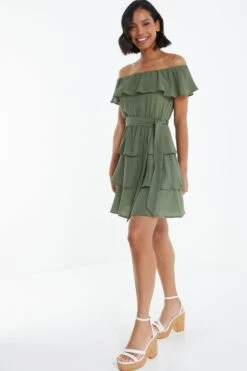Khaki Tiered Bardot Mini Dress -Chic Summer Shop 00100038962 XS