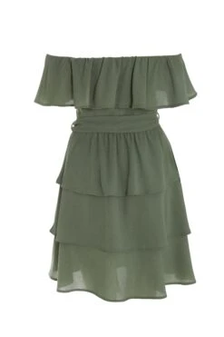 Khaki Tiered Bardot Mini Dress -Chic Summer Shop 00100038962 ZB