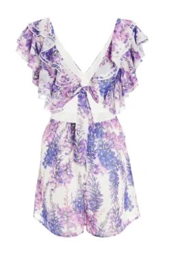 Purple Floral Print Tie Back Playsuit -Chic Summer Shop 00100039044 ZB