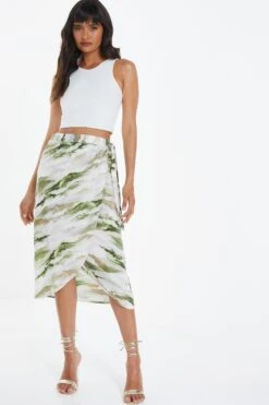 Green Marble Print Wrap Midi Skirt -Chic Summer Shop 00100039045 XM