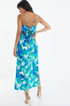 Blue Tropical Print Satin Midaxi Dress -Chic Summer Shop 00100039060 XB