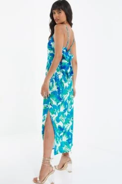 Blue Tropical Print Satin Midaxi Dress -Chic Summer Shop 00100039060 XS