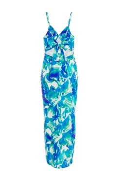 Blue Tropical Print Satin Midaxi Dress -Chic Summer Shop 00100039060 ZB
