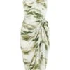 Green Marble Print Satin Ruched Midi Dress -Chic Summer Shop 00100039066 ZM