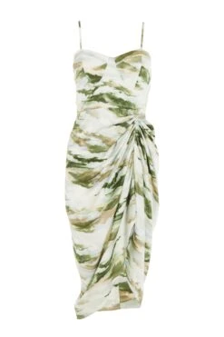 Green Marble Print Satin Ruched Midi Dress