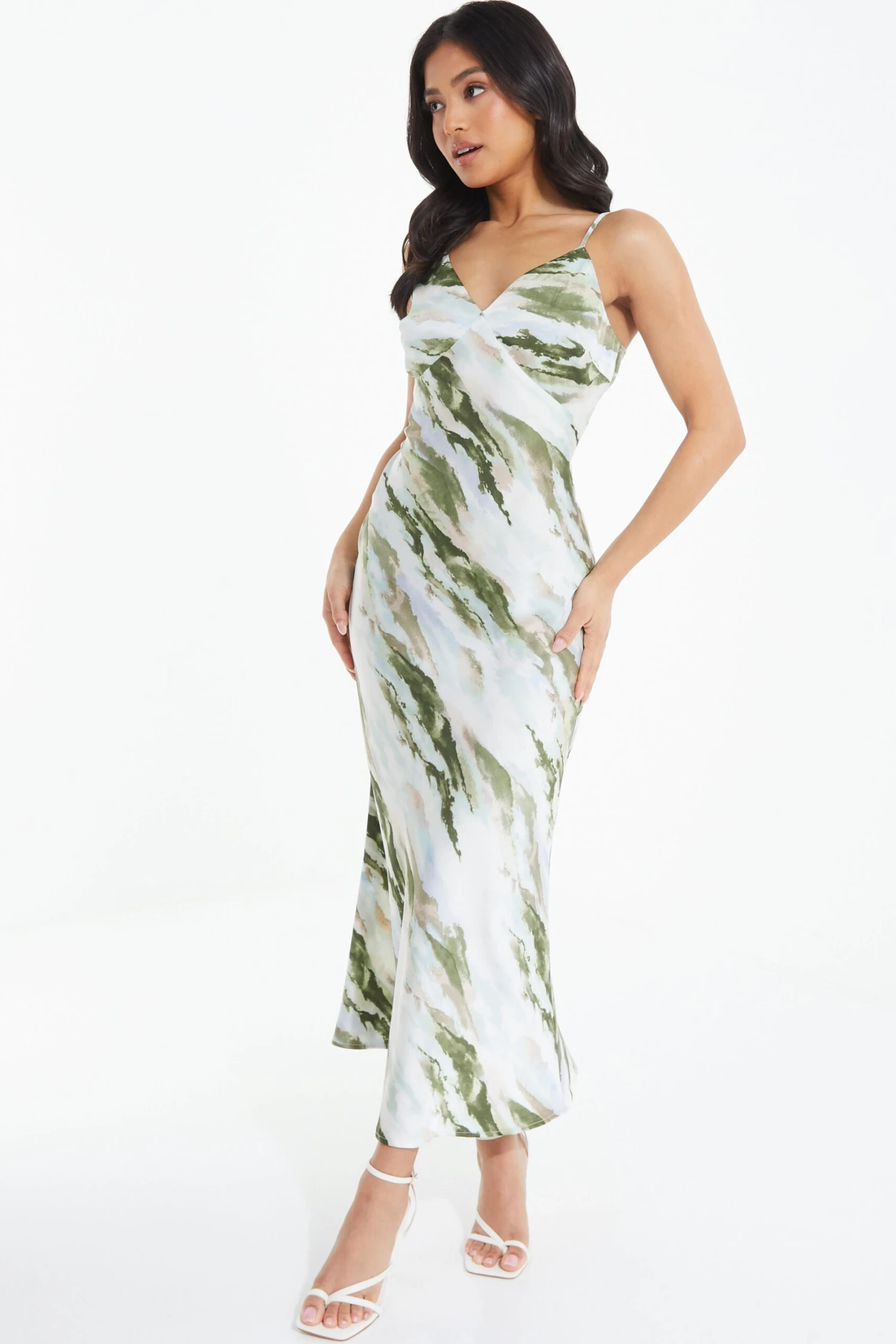 Petite Green Marble Print Satin Midaxi Dress 6 Petite Green Marble Print Satin Midaxi Dress - Image 4