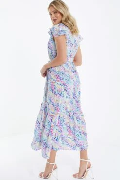 Multicoloured Animal Print Frill Sleeve Midi Dress -Chic Summer Shop 00100039292 XB