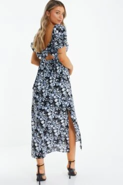 Black Floral Puff Sleeve Midi Dress -Chic Summer Shop 00100039342 XB