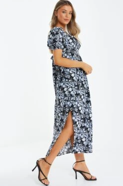 Black Floral Puff Sleeve Midi Dress -Chic Summer Shop 00100039342 XS