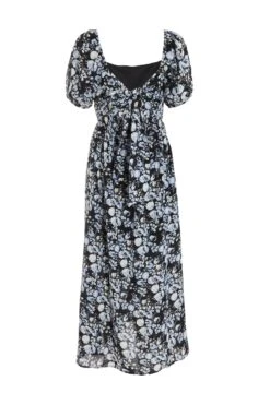 Black Floral Puff Sleeve Midi Dress -Chic Summer Shop 00100039342 ZB