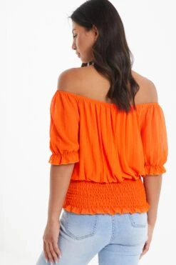 Orange Pleated Bardot Top -Chic Summer Shop 00100039366 XB