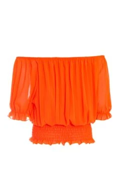 Orange Pleated Bardot Top -Chic Summer Shop 00100039366 ZB