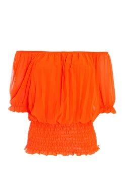 Orange Pleated Bardot Top