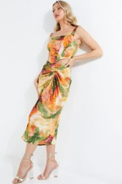 Multicoloured Satin Marble Print Ruched Midi Skirt -Chic Summer Shop 00100039373 XS