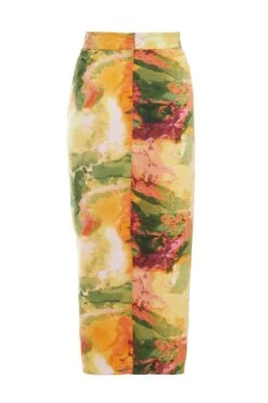 Multicoloured Satin Marble Print Ruched Midi Skirt -Chic Summer Shop 00100039373 ZB