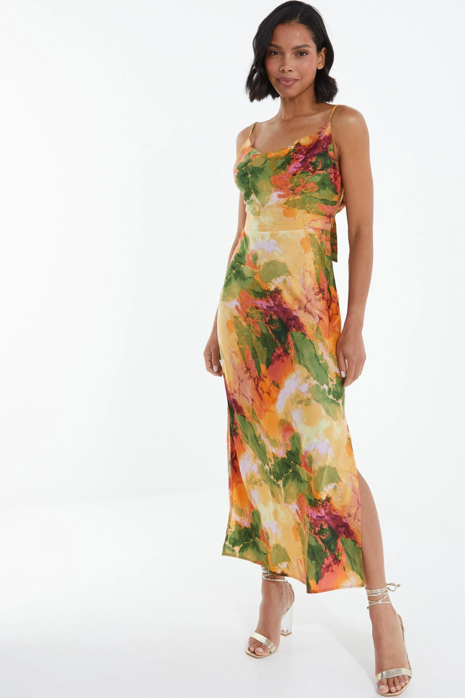Multicoloured Satin Marble Print Midaxi Dress 6 Multicoloured Satin Marble Print Midaxi Dress - Image 4