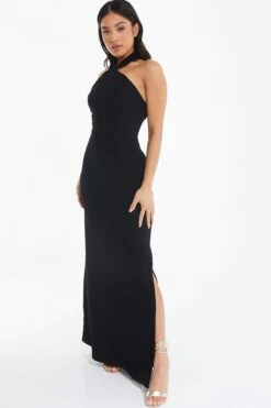 Petite Black Halterneck Textured Maxi Dress -Chic Summer Shop 00100039463 XS