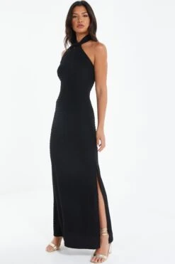 Black Halterneck Textured Maxi Dress -Chic Summer Shop 00100039495 XS