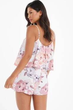 Pink Floral Satin Frill Playsuit -Chic Summer Shop 00100039503 XB