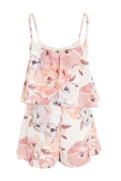 Pink Floral Satin Frill Playsuit -Chic Summer Shop 00100039503 ZB