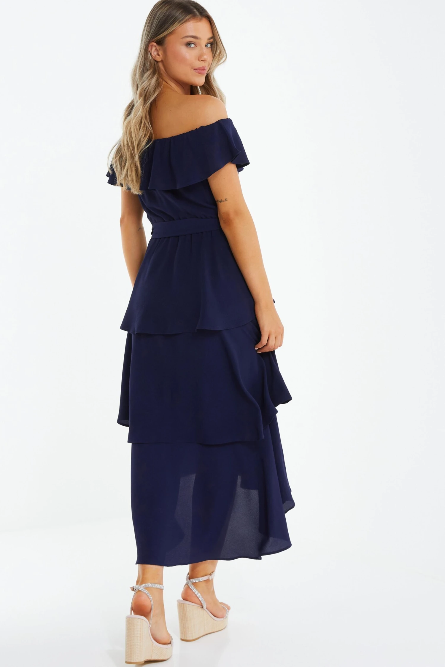Navy Bardot Dip Hem Midi Dress 5 Navy Bardot Dip Hem Midi Dress - Image 3