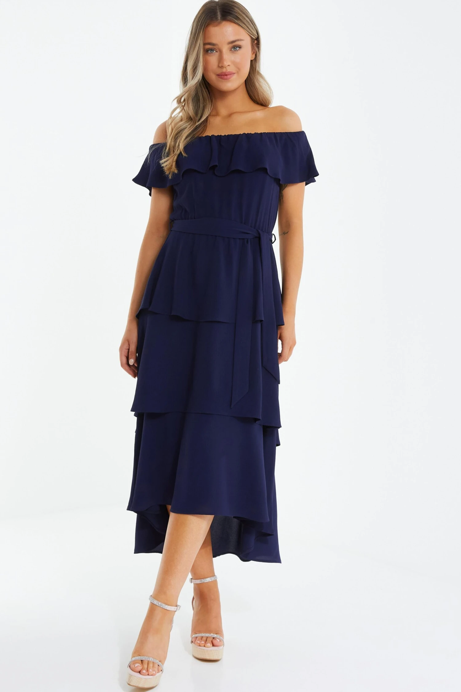 Navy Bardot Dip Hem Midi Dress 4 Navy Bardot Dip Hem Midi Dress - Image 2
