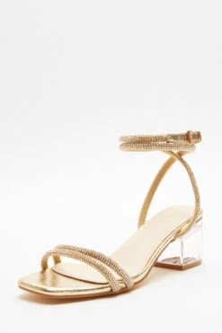 Gold Diamante Clear Low Heeled Sandals -Chic Summer Shop 00100039711 XB