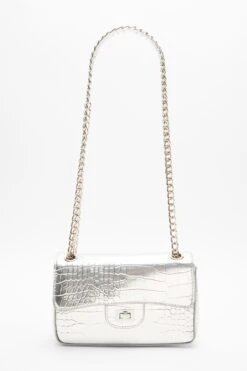 Silver Crocodile Print Cross Body Bag
